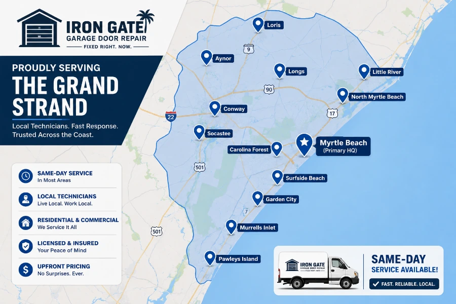 Grand Strand service area map- Garage Door Repair Myrtle Beach, SC by Iron Gates